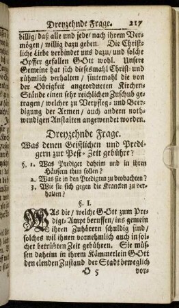 Dreyzehnde Frage. Was denen Geistlichen und Predigern zur Pest-Zeit gebühre? - Vierzehnde Frage. Ob ein Beicht-Vater zur Pest-Zeit zu seinen Beicht-Kindern zu gehen schuldig?