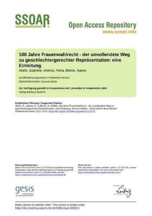 100 Jahre Frauenwahlrecht - der unvollendete Weg zu geschlechtergerechter Repräsentation: eine Einleitung