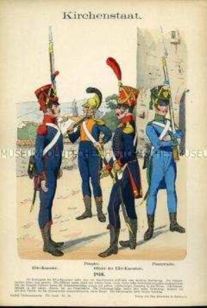 Uniformdarstellung, Gemeiner und Offizier der Elite-Kanoniere, Gemeiner des Feuerwehr-Korps, Finanzwache, Kirchenstaat, 1816.