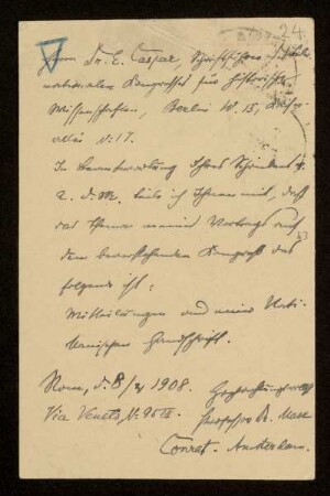 24: Postkarte von Max Conrat an Otto von Gierke, Rom, 8.4.1908