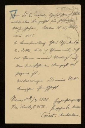 24: Postkarte von Max Conrat an Otto von Gierke, Rom, 8.4.1908