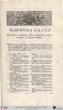 Marmora Græca, Charactere communi [sive minusculo] repræsentata: & Latine reddita