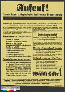 Wahlplakat für die Arbeiterschaft im Freistaat Braunschweig mit dem Aufruf zur Wahl der SPD bei der Kommunalwahl am 1. März 1931 und Wahlpropaganda gegen die NSDAP