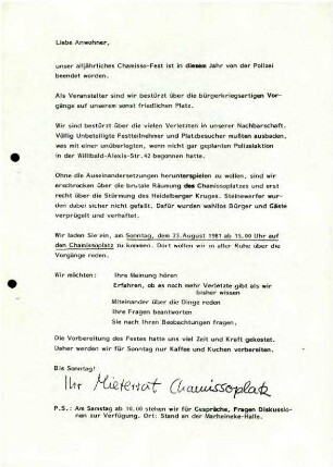 Flugschrift: Liebe Anwohner ... Chamissofest von Polizei beendet, 1981