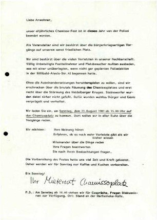 Flugschrift: Liebe Anwohner ...               Chamissofest von Polizei beendet, 1981