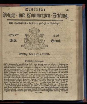 43tes Stueck, Montag den 22ten October. 1792