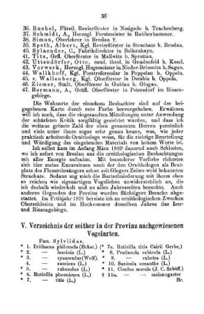 V. Verzeichnis der seither in der Provinz nachgewiesenen Vogelarten.