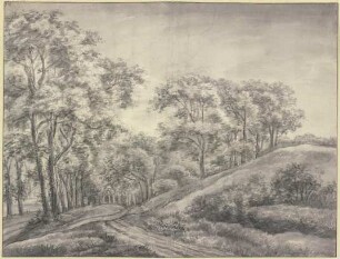 Waldpartie, ein Weg schlängelt sich an einem rechts liegenden baumlosen Hügel vorbei in einen Laubwald hinein, links im Hintergrund einige Hütten