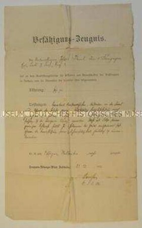 Befähigungszeugnis für Johannes Paul über den erfolgreichen Abschluss des Ausbildungskurses für Unteroffiziere und Mannschaften; Zeithain, 21.12.1914