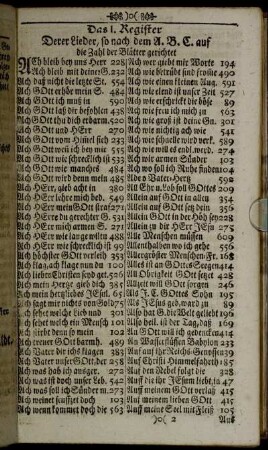 Das I. Register Derer Lieder, so nach dem A. B. C. auf die Zahl der Blätter gerichtet.