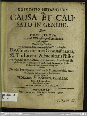 Disputatio Metaphysica De Causa Et Causato In Genere