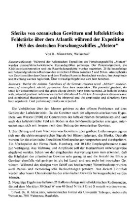 Sferiks von ozeanischen Gewittern und luftelektrische Feldstärke über dem Atlantik während der Expedition 1965 des deutschen Forschungsschiffes "Meteor"