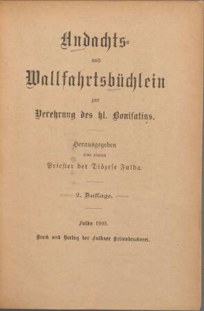 Andachts- und Wallfahrtsbüchlein zur Verehrung des hl. Bonifatius