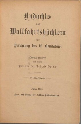 Andachts- und Wallfahrtsbüchlein zur Verehrung des hl. Bonifatius