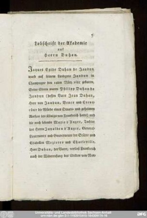 Lobschrift der Akademie auf Herrn Duhan.