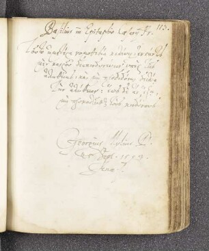 Georg Mylius. – Incipit: Touto hymethera nomothesia keleuein. – Jena, 25.09.1593