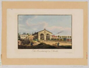 Die Bahnsteighalle des ersten Leipziger Bahnhofes in Dresden-Neustadt (1839 eingeweiht) aus dem Bahngelände nach Süden