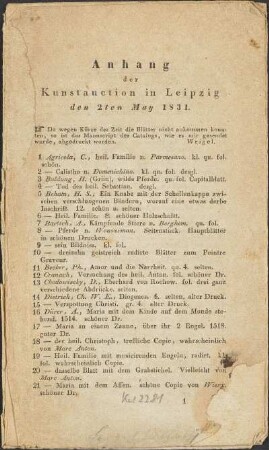 Anhang der Kunstauction in Leipzig den 2ten May 1831