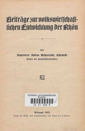 Beiträge zur volkswirtschaftlichen Entwicklung der Rhön