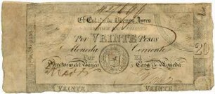 Geldschein, 20 Pesos, 1.5.1856