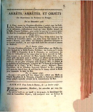 Arrêts, Arrêtés, Et Objets Des Remontrances du Parlement de Bretagne : Du 20 Décembre 1756.