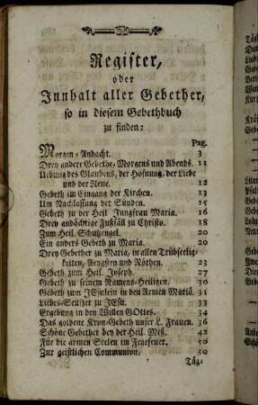 Register, oder Innhalt aller Gebether, so in diesem Gebethbuch zu finden:[...]