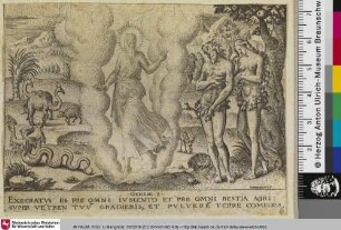 [Gott tadelt Adam und Eva für ihre Sünde und verflucht die Schlange; Dieu reprochant à Adam et Ève leur péché et maudissant le serpent]