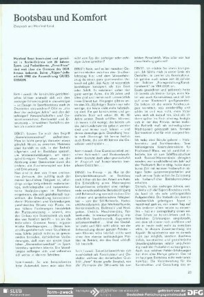 Bootsbau und Komfort (Gespräch) : Freizeit + Formgestaltung