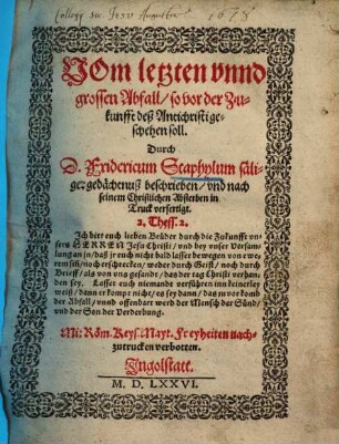 Vom letzten unnd großen Abfall, so vor der Zukunfft des Antichristi geschehen soll ...