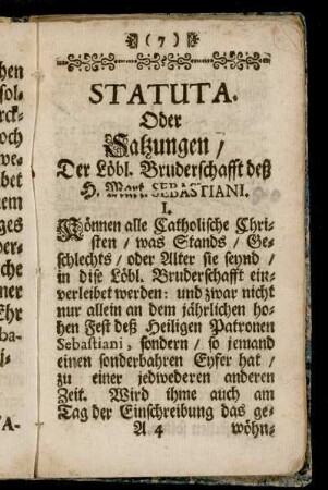 Statuta. Oder Satzungen / Der Löbl. Bruderschafft deß H. Mart. Sebastiani.