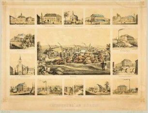 Bilderbogen mit einer großen Stadtansicht und 15 kleinen Ansichten wichtiger Gebäude in Döbeln in Mittelsachsen