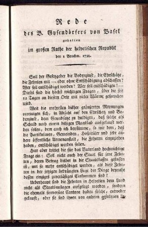 Rede des B. Gysendörfers von Basel gehalten im großen Rathe der helvetischen Republik den 1 Brachm. 1798.