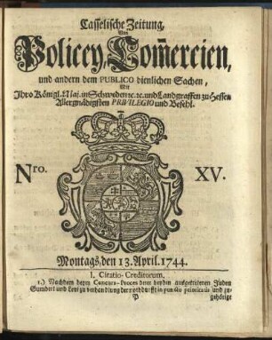 Nro. XV, Montags, den 13. April 1744