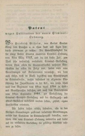 Patent wegen Publication der neuen Criminal-Ordnung.