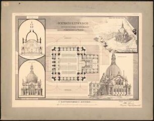 Pfarrkirche im Gartenfeld, Mainz: Grundriss, Perspektivische Ansicht von Norden, Perspektivische Ansicht (Vogelschau), Ansicht von der Hauptseite, Querschnitt