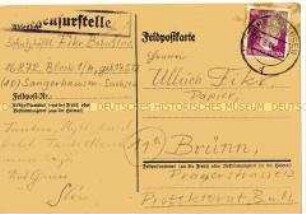 Handgeschriebene Postkarte von Bohuslav (Slava) Fikr aus dem KZ Sangerhausen an seine Familie (in deutscher Sprache) - Familienkonvolut