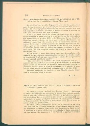 "Páginas olvidadas", por don E. Castro y Oyanguren, Edición "Cervantes", Lima, 1920