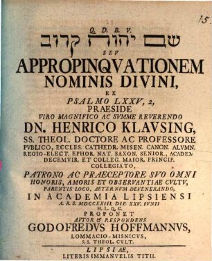 Šēm YHWH qārôv seu appropinquationem nominis divini, ex psalmo LXXV,2