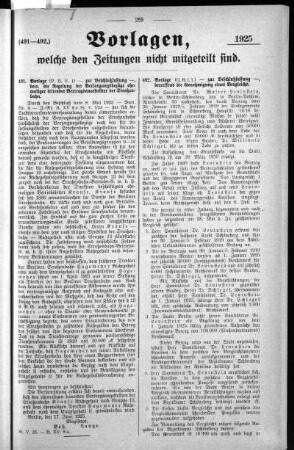 Anlage: (491-492.), Vorlagen, welche den Zeitungen nicht mitgeteilt sind, 26. Juni 1925