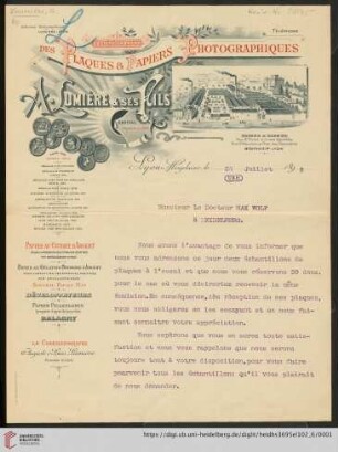 Briefe von Antoine Lumière an Max Wolf: Brief von Antoine Lumière von Société Anonyme des Plaques & Papiers Photographiques A. Lumière et Ses Fils (Lyon) an Max Wolf