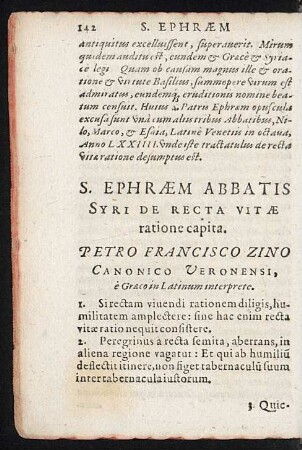 S. Ephraem Abbatis Syri De Recta Vitae ratione capita.