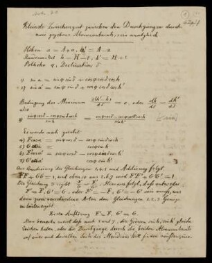 Probleme der sphärischen Astronomie [Titel laut Katalog Theo Gerardy] : Kleinste Zwischenzeit zwischen den Durchgängen durch zwei gegebene Almucantarate, analytisch [Bl. 1-2]