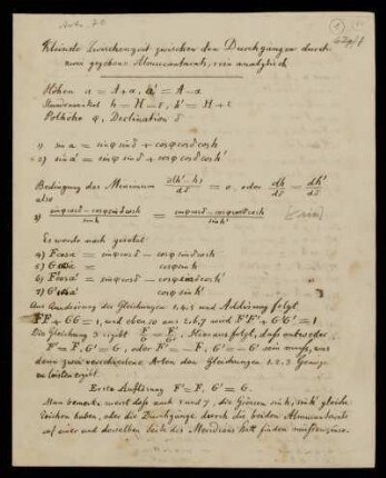 Probleme der sphärischen Astronomie [Titel laut Katalog Theo Gerardy] : Kleinste Zwischenzeit zwischen den Durchgängen durch zwei gegebene Almucantarate, analytisch [Bl. 1-2]