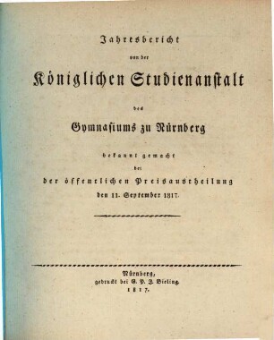 Jahresbericht der Königlichen Studienanstalt zu Nürnberg. 1817