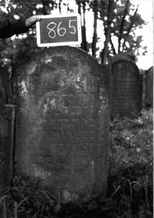 Grabstein 865 (Index: 100102969) Material: Sandstein Zustand: stark verwittert Maße HxBxT: 106x55x9 cm Beschreibung: Stele, eingezogener Rundbogenabschluss, Schriftfeld leicht eingetieft: Grabstein 865