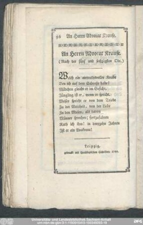An Herrn Advocat Krause. (Nach der fünf und sechzigsten Ode.)