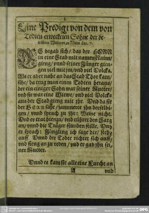 Eine Predigt von dem von Todten erweckten Sohne der betrübten Wittwen zu Naim Luc. 7
