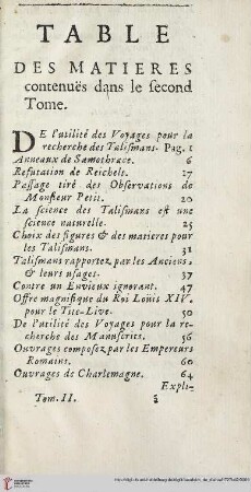 Table de matieres contenuës dans le second Tome