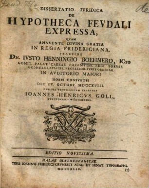 Dissertatio Ivridica De Hypotheca Fevdali Expressa