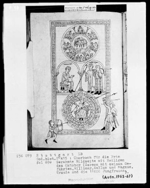 Chorbuch für die Prim — Bildseite mit Heiligen des Oktober, Folio 69verso